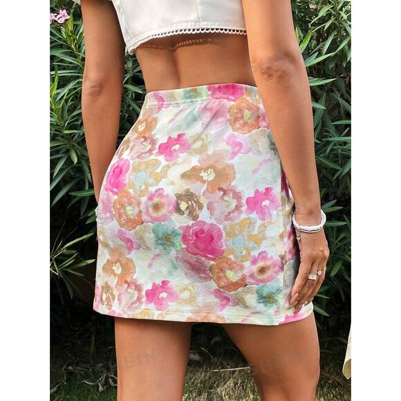 New Medium Pink Floral Mini Skirt Fitted Bodycon Slit High Rise Stretchy - Picture 2 of 3